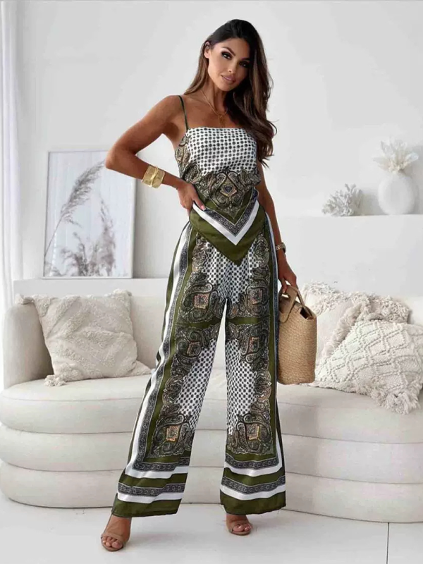 Levoire | Nouveau haut bustier à imprimé floral + pantalon à fleurs ensemble deux pièces Vert