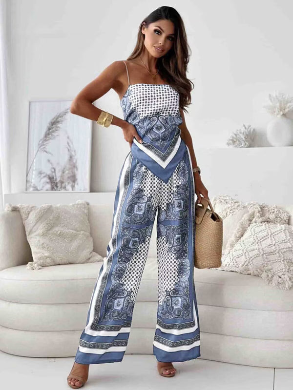 Levoire | Nouveau haut bustier à imprimé floral + pantalon à fleurs ensemble deux pièces Azur ciel
