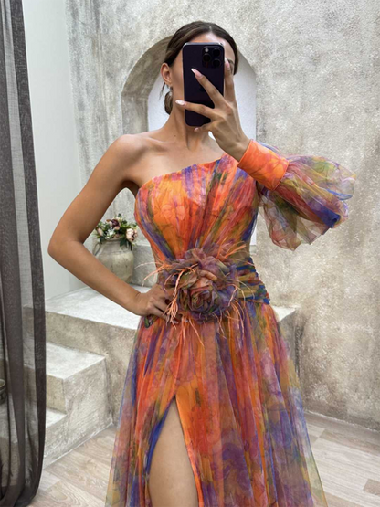 Levoire | Nouvelle robe de fête en mesh à épaules et fente INS L Robe de mode ample Orange