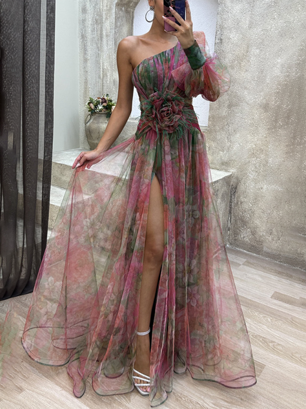Levoire | Nouvelle robe de fête en mesh à épaules et fente INS L Robe de mode ample Roue