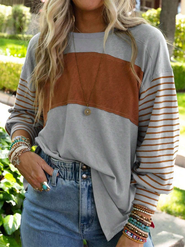 Levoire | Nouveau pull Col rond décontracté rayé perturbation de couleur T-shirt à manches longues Gris