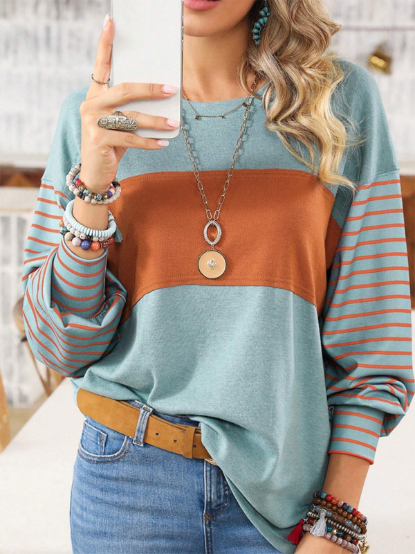 Levoire | Nouveau pull Col rond décontracté rayé perturbation de couleur T-shirt à manches longues Pois vert gris