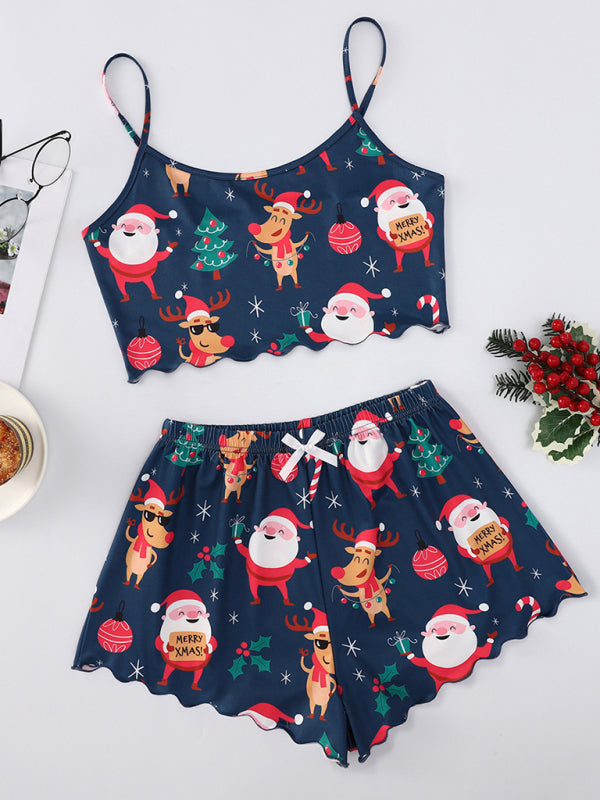 Levoire | Père Noël Santa Claus Élan Imprimé Hihaton Shorts Simple Libre Deux Pièces Vêtements Domicile Motif4