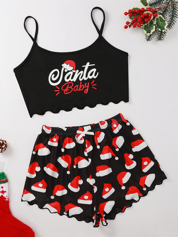 Levoire | Lettre de Noël Élan Imprimé bonnet de Noël haut sans manches shorts simple décontracté ensemble d'intérieur Muster1