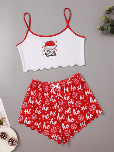 Levoire | Lettre de Noël Élan Imprimé bonnet de Noël haut sans manches shorts simple décontracté ensemble d'intérieur