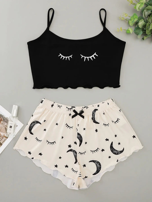 Levoire | Vippetrykk Camisole Top Tähti Kuu Shorts Loungewear Ensemble Must