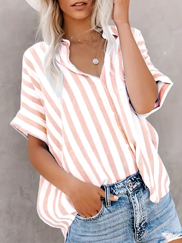 Levoire | Femme à rayures bicolores en tricot veste blouse à manches courtes Rose pastel