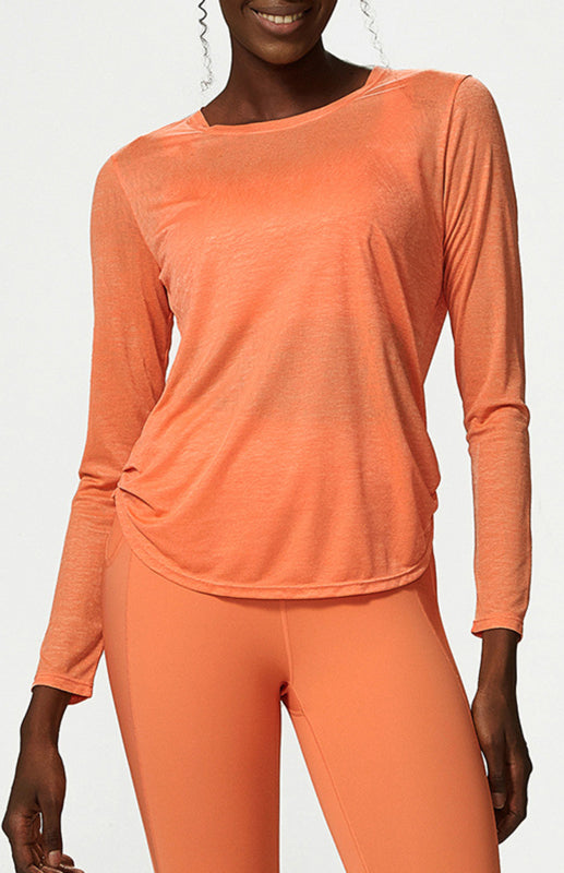 Levoire | Femme Col Ronde Curvé Bord Longue Manche Sport Top Sèche Rapidement Légèreté Haut de Yoga Orange