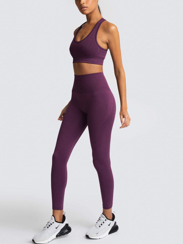 Levoire | Dame Magnifique Dos Taille Haute Pêche Hanches Sans Couture Tricoté Gilet Pantalon Deux Pièces Ensemble Pourpre
