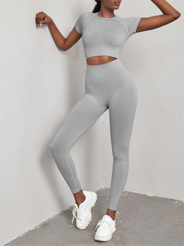 Levoire | Femme Uni Sans Coutures Sport Yoga Manches Courtes + Boxer Ensemble Deux Pièces Gris
