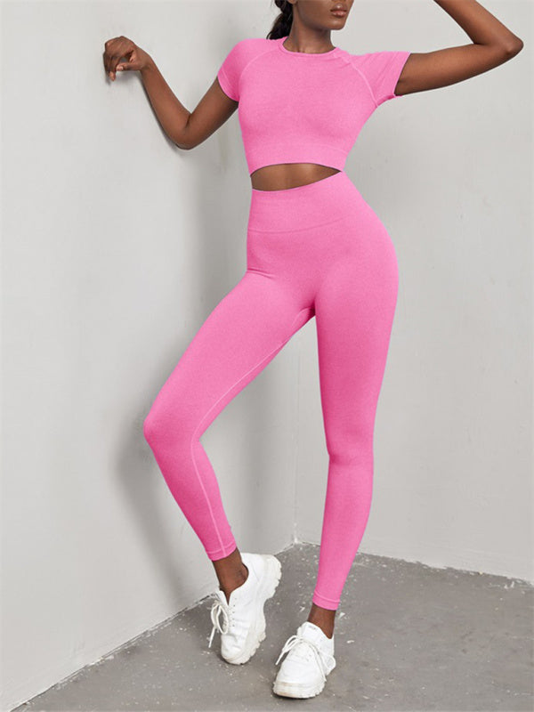 Levoire | Femme Uni Sans Coutures Sport Yoga Manches Courtes + Boxer Ensemble Deux Pièces Rosa