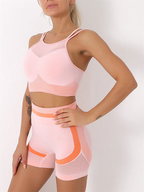 Levoire | Femme séchage rapide, ajusté, sans coutures, dos nu Camisole+Shorts Ensemble Yoga Rosa