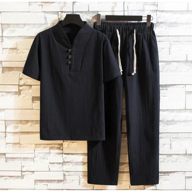 Levoire | Ensemble Deux Pièces Avec Une Chemise À Manches Courtes Décontractée Et Un Pantalon Avec Cordon De Serrage Noir