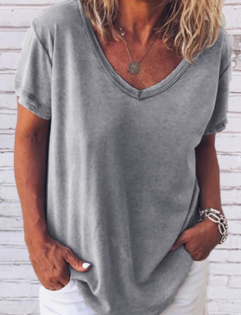 Levoire | shirt Gris Clair Uni Décontracté à Manches Courtes et col en V Gris clair