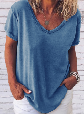 Levoire | shirt Gris Clair Uni Décontracté à Manches Courtes et col en V Bleu ciel