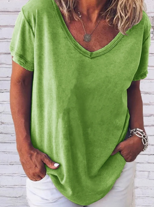 Levoire | shirt Gris Clair Uni Décontracté à Manches Courtes et col en V Vert