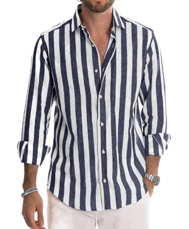Levoire | Chemise En Coton Raye Intemporel Hommes Bleu foncé Noir
