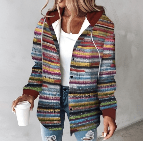 Levoire | Manteau Elegant Avec Capuche Et Imprime Raffine Multicolore