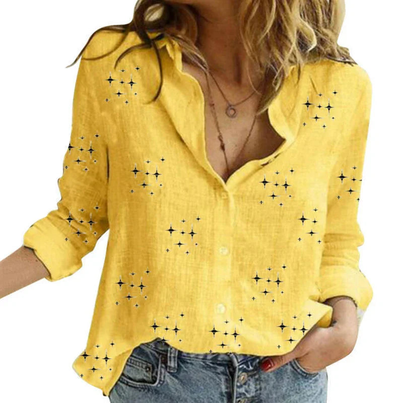 Levoire | Blouses Pour Femmes À Motifs Avec Une Rangée De Boutons Et Des Manches Longues Jaune avec des étoiles
