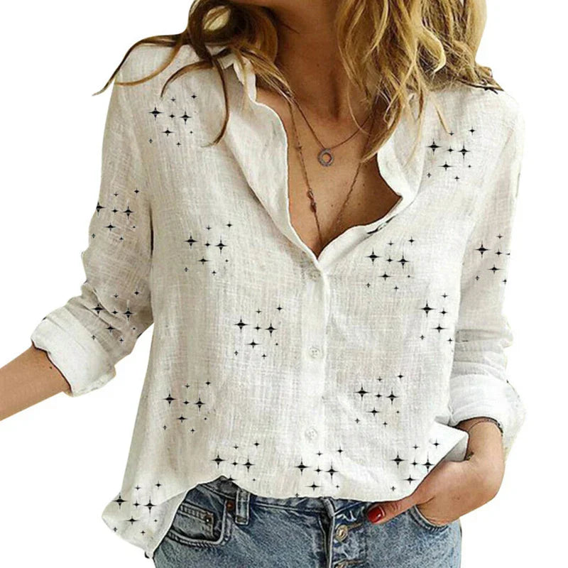 Levoire | Blouses Pour Femmes À Motifs Avec Une Rangée De Boutons Et Des Manches Longues Blanc avec des étoiles