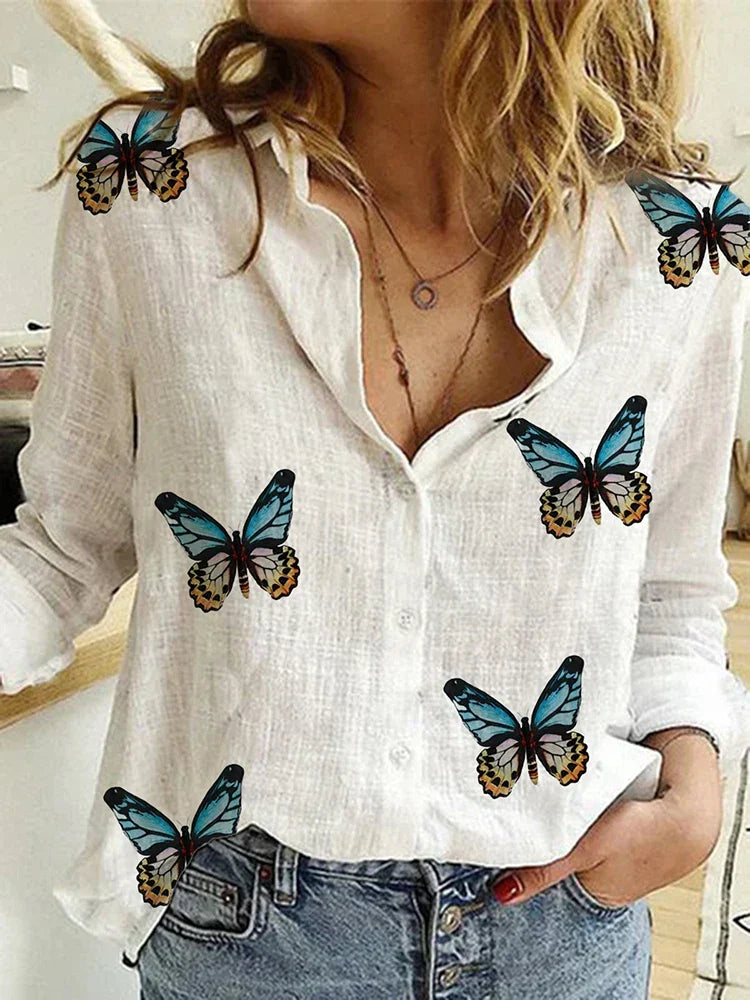 Levoire | Blouses Pour Femmes À Motifs Avec Une Rangée De Boutons Et Des Manches Longues Blanc avec des papillons