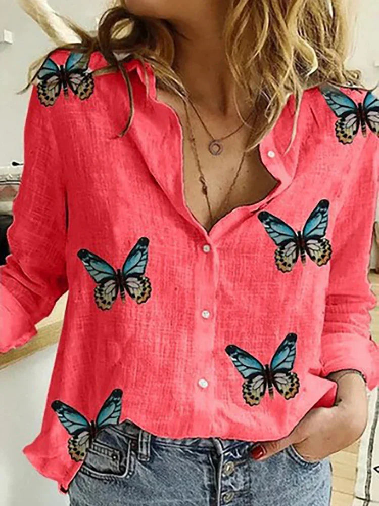 Levoire | Blouses Pour Femmes À Motifs Avec Une Rangée De Boutons Et Des Manches Longues Rosa avec des papillons