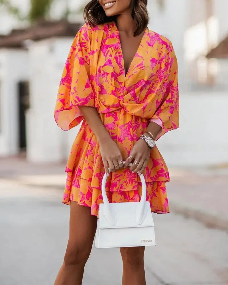 Levoire | Robes À Manches Courtes Pour Dames Été Boho Motif Floral Taille Haute