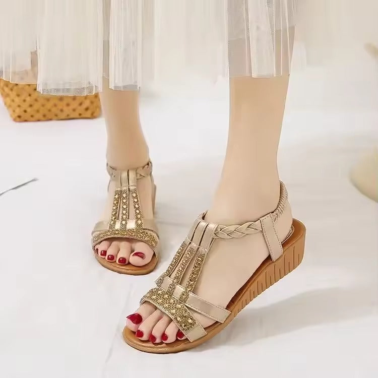Levoire | Botte Plate Bohémienne Strass Pour Femmes Beige