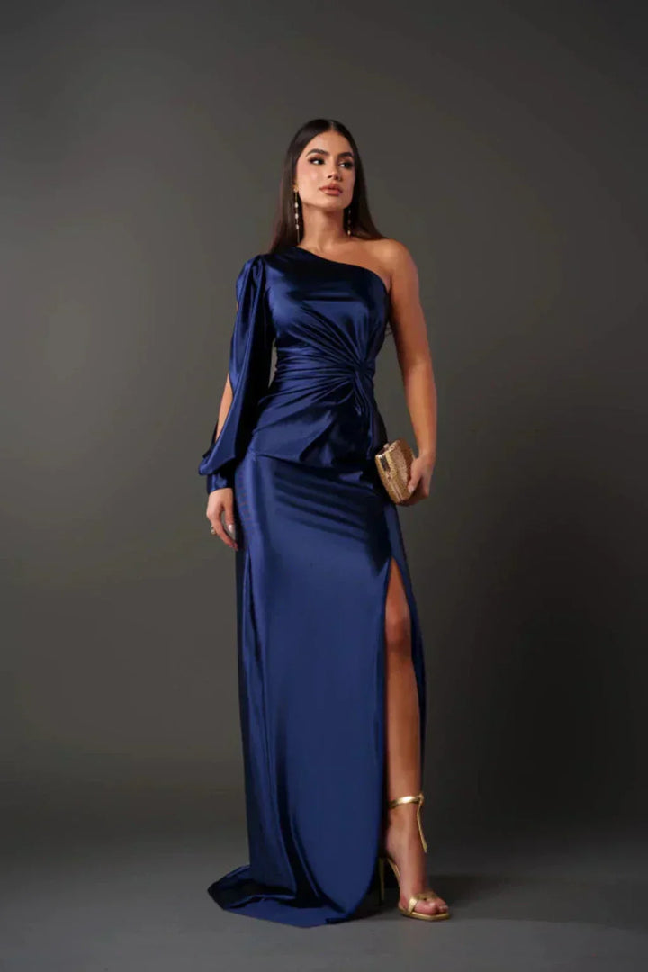 Levoire | Robe En Satin Avec Design Asymétrique À Une Épaule bleu marine