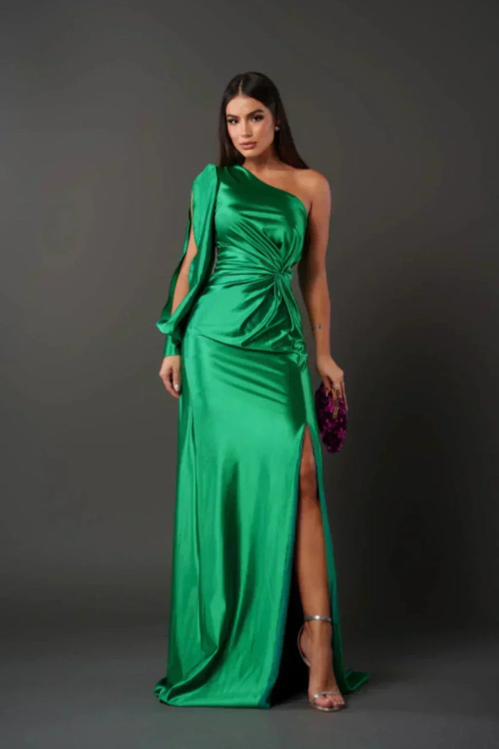Levoire | Robe En Satin Avec Design Asymétrique À Une Épaule Émeraude