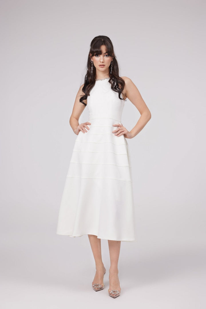 Levoire | Robe Midi Blanche Ornée De Cristaux