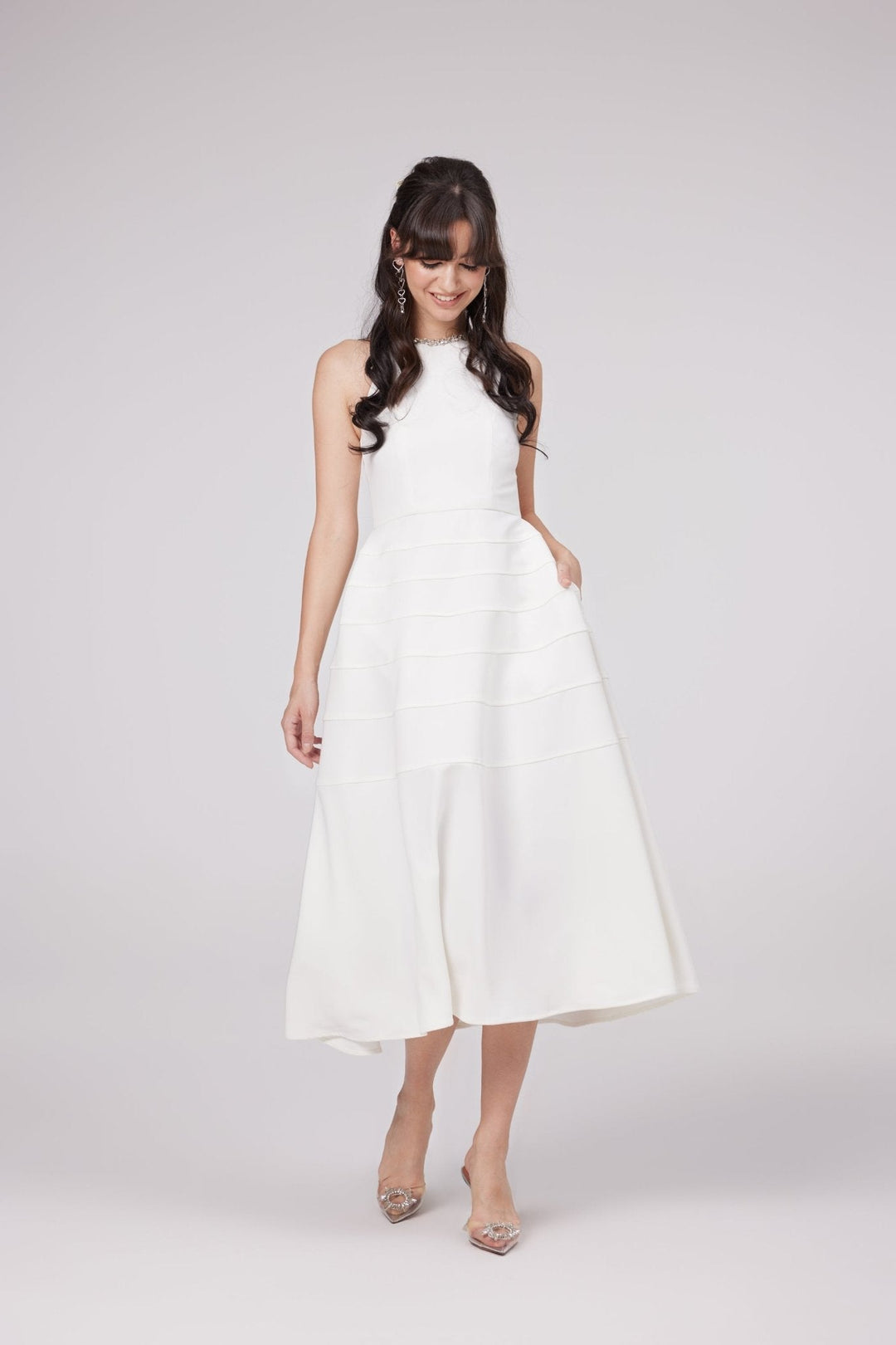 Levoire | Robe Midi Blanche Ornée De Cristaux