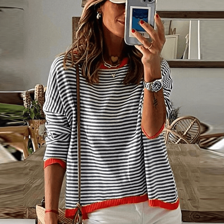 Levoire | Lavigne - Pull Rayé Bleu Avec Bord Orange