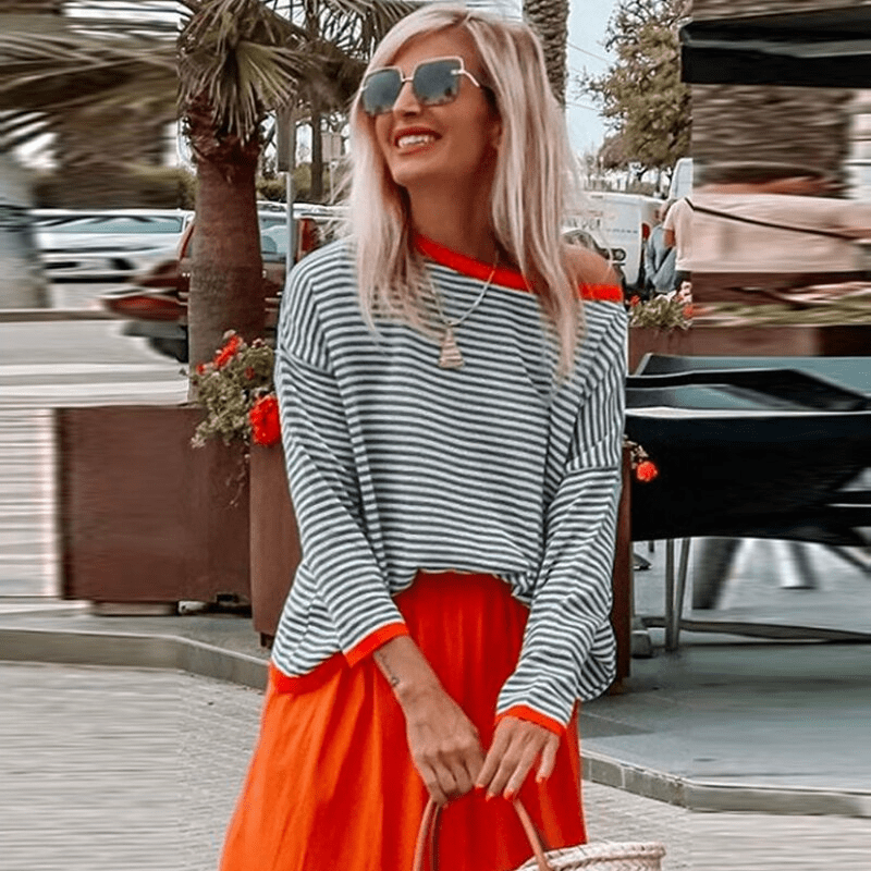 Levoire | Lavigne - Pull Rayé Bleu Avec Bord Orange