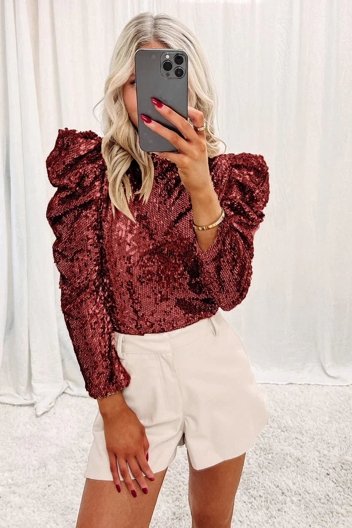 Levoire | Top Avec Blouse Scintillante Glamour Pour Femmes Bordeaux Rouge