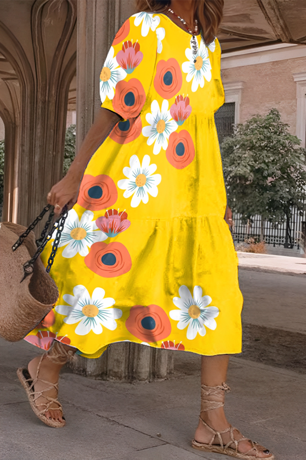 Levoire | Robe Midi Féminine Avec Imprimé Floral Élegante, Aérée & Parfaite Pour Chaque Occasion Jaune