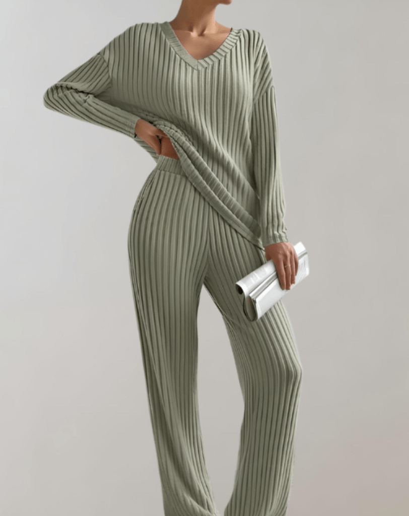 Levoire | Ensemble 2 Pièces Femme Pull Col V Pantalon Large Vert