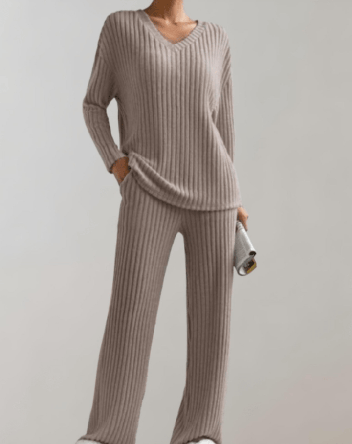 Levoire | Ensemble 2 Pièces Femme Pull Col V Pantalon Large Taupe