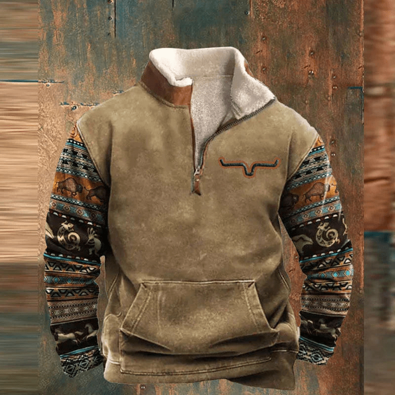 Levoire | Pull Fleece Élégant pour Hommes avec Fermeture Éclair Quart de Taille Imprimé Tribal Khaki