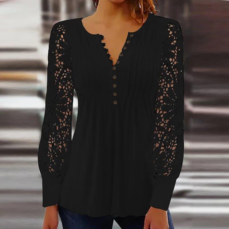 Levoire | Blouse Élégante Avec Détails En Dentelle Et Décolleté En V Noir