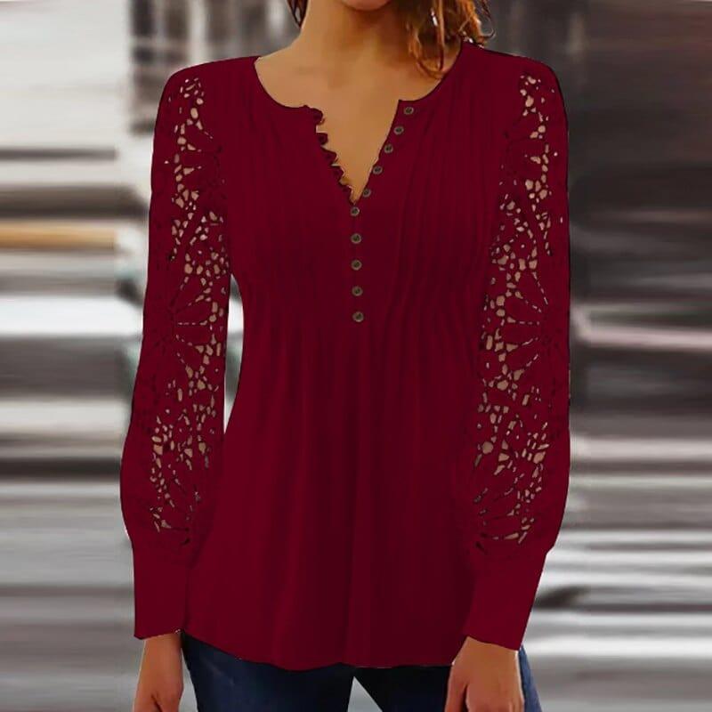 Levoire | Blouse Élégante Avec Détails En Dentelle Et Décolleté En V Rot