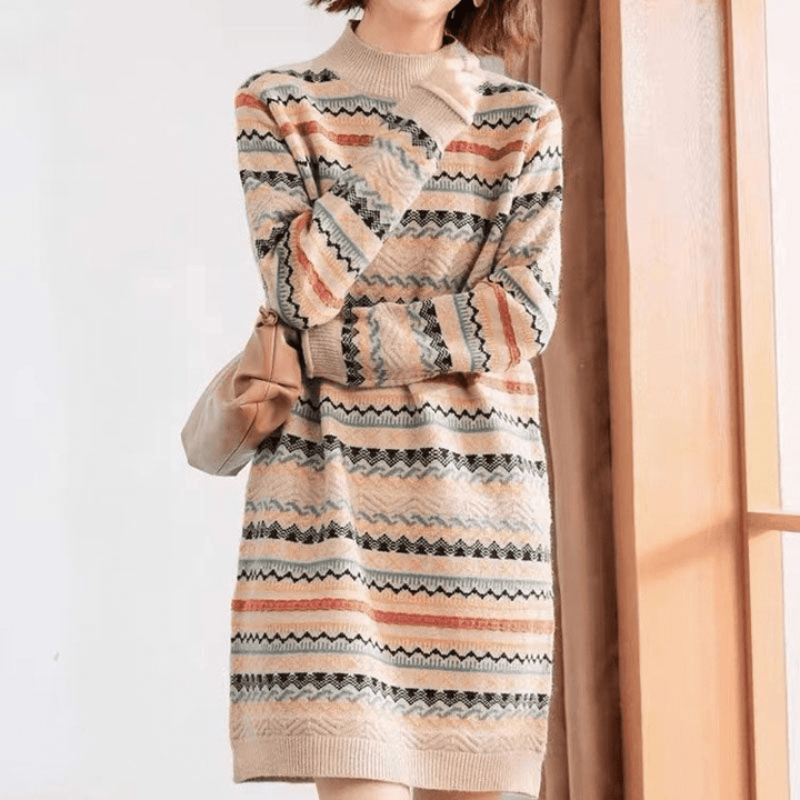 Levoire | Robe Tricotée Motif Ethnique Beige