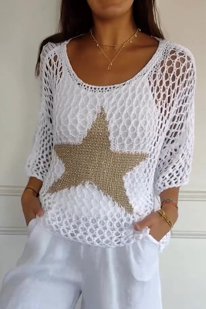 Levoire | T-Shirt Tricoté Avec Des Décorations Dorées À Motif Étoilé Blanc