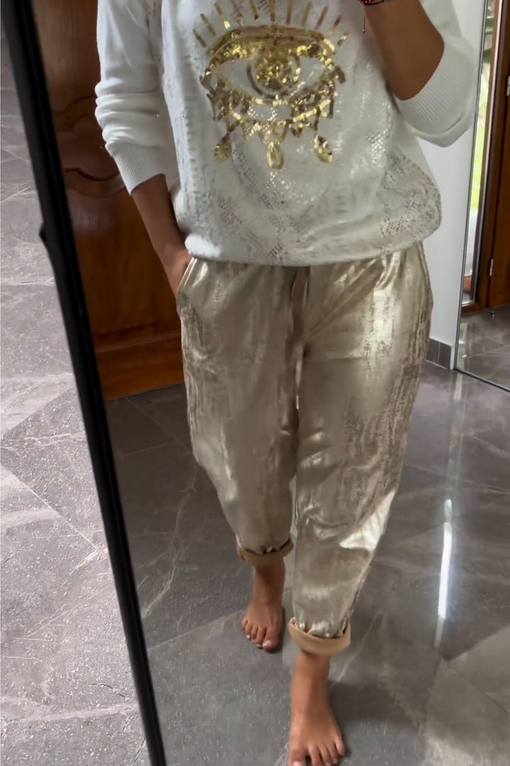 Levoire | Haut à paillettes tendance et pantalons marron