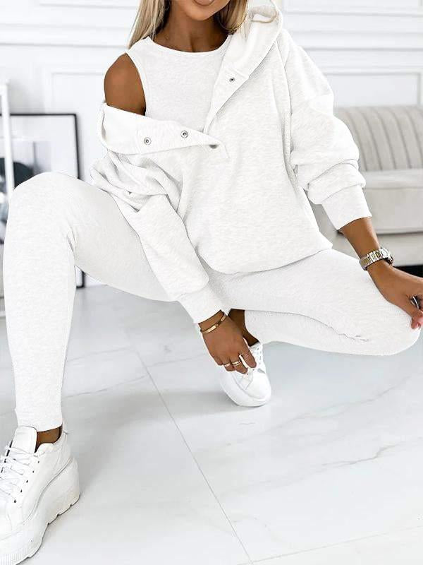 Levoire | Sweat-Shirt Confortable Avec Capuche Blanc Pull + Gilet + Pantalon