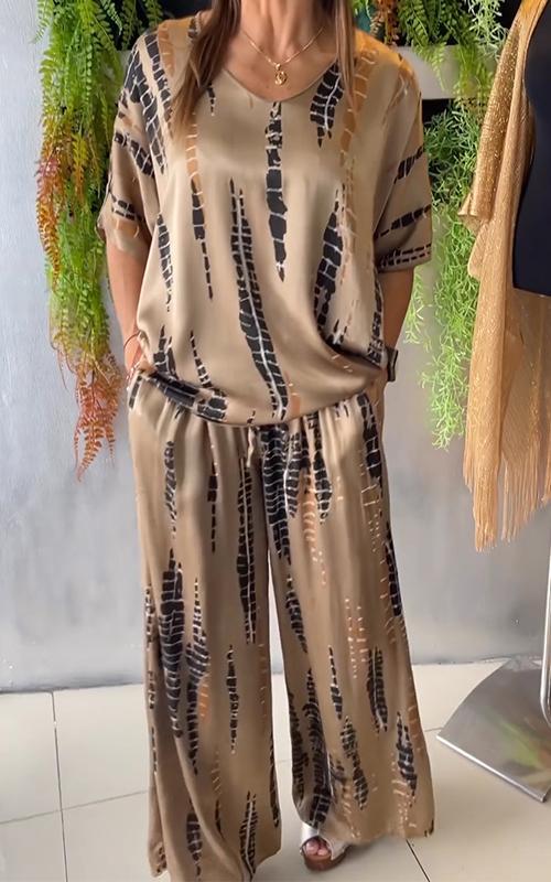 Levoire | Deux Pièces Satin Lounge Set Avec Col Rond Khaki