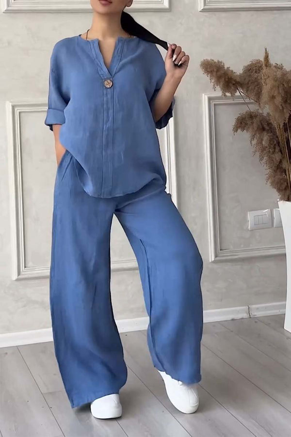 Levoire | Ensemble En Coton Et Lin, Décoré Avec Des Boutons Décontractés Bleu