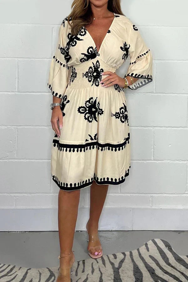 Levoire | Robe Imprimé Élégant Décolleté V Blanc