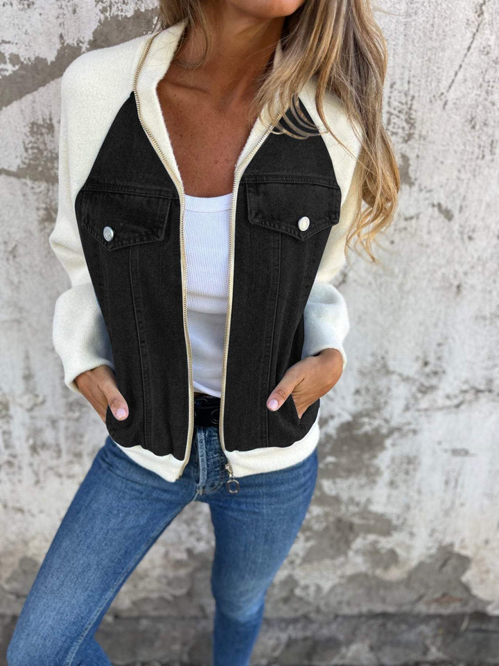 Levoire | Veste En Denim Décontractée Bicolore Pour Femmes Noir-blanc
