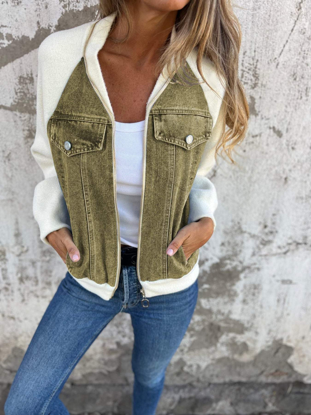Levoire | Veste En Denim Décontractée Bicolore Pour Femmes Olive